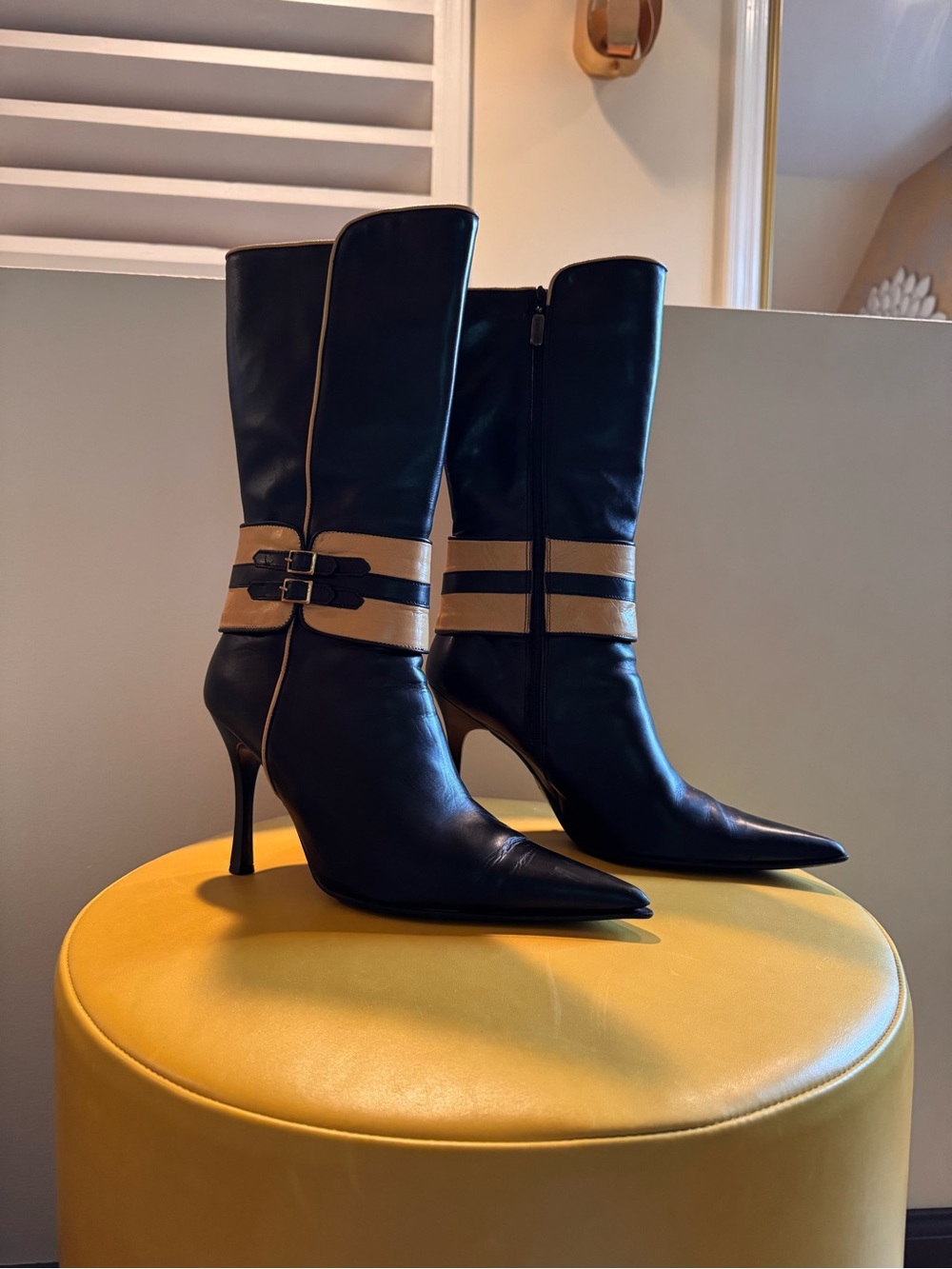 Fiorangelo Black Leather Mid-Calf Stiletto Boots with Tan Accent